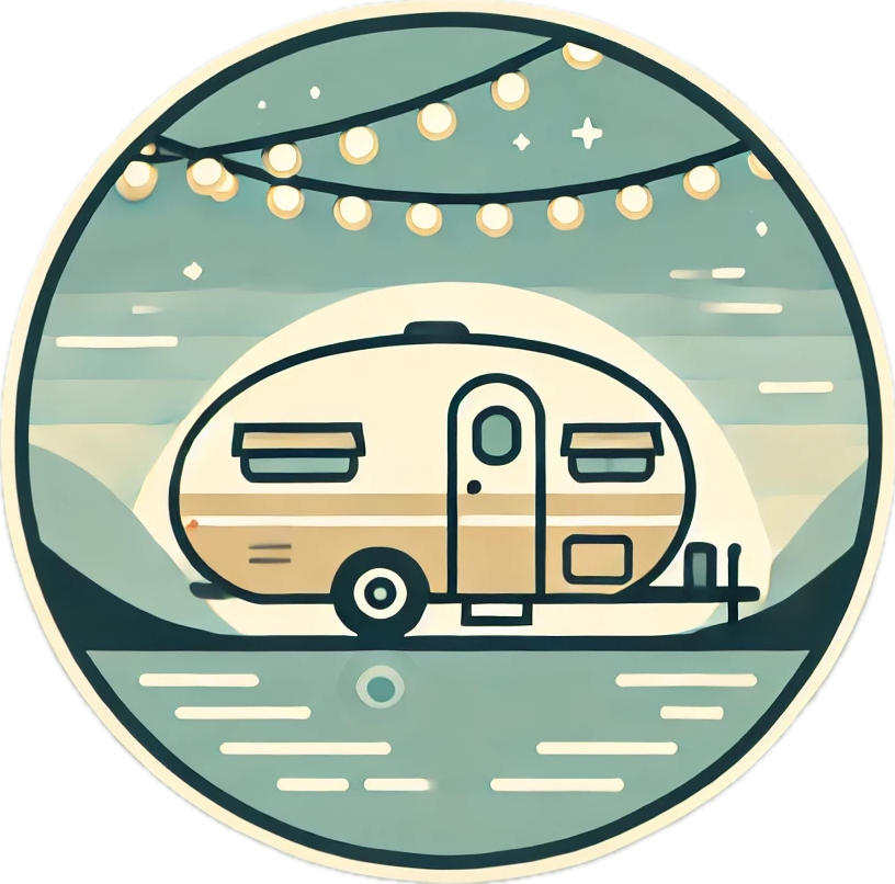 Grafische Illustration eines Wohnwagens mit Lichterkette in runder Szenerie bei Nacht.